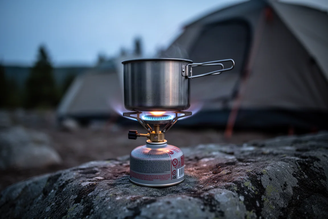 Réchaud à cartouche allumé avec une flamme bleue sous une marmite en acier au crépuscule