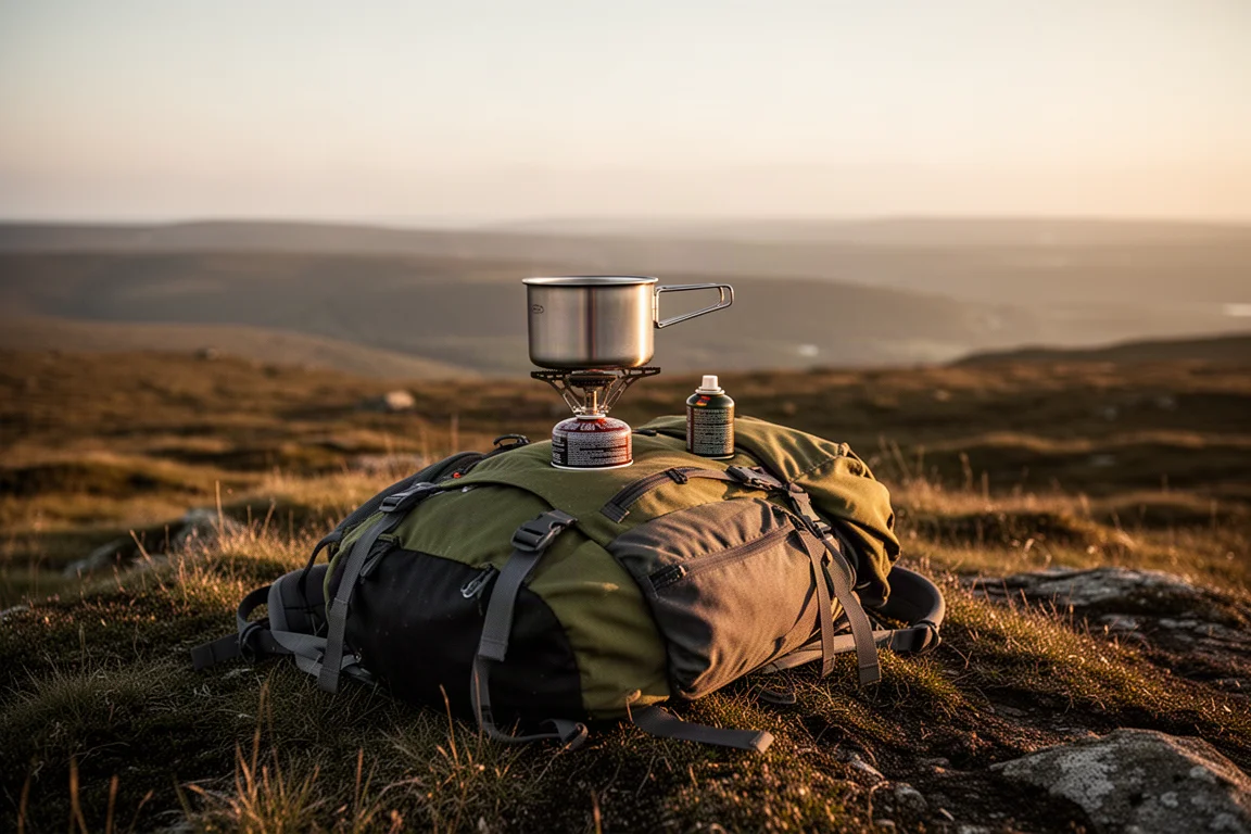 Ensemble de cuisine compact et réchaud posés sur un sac à dos de randonnée à l'heure dorée