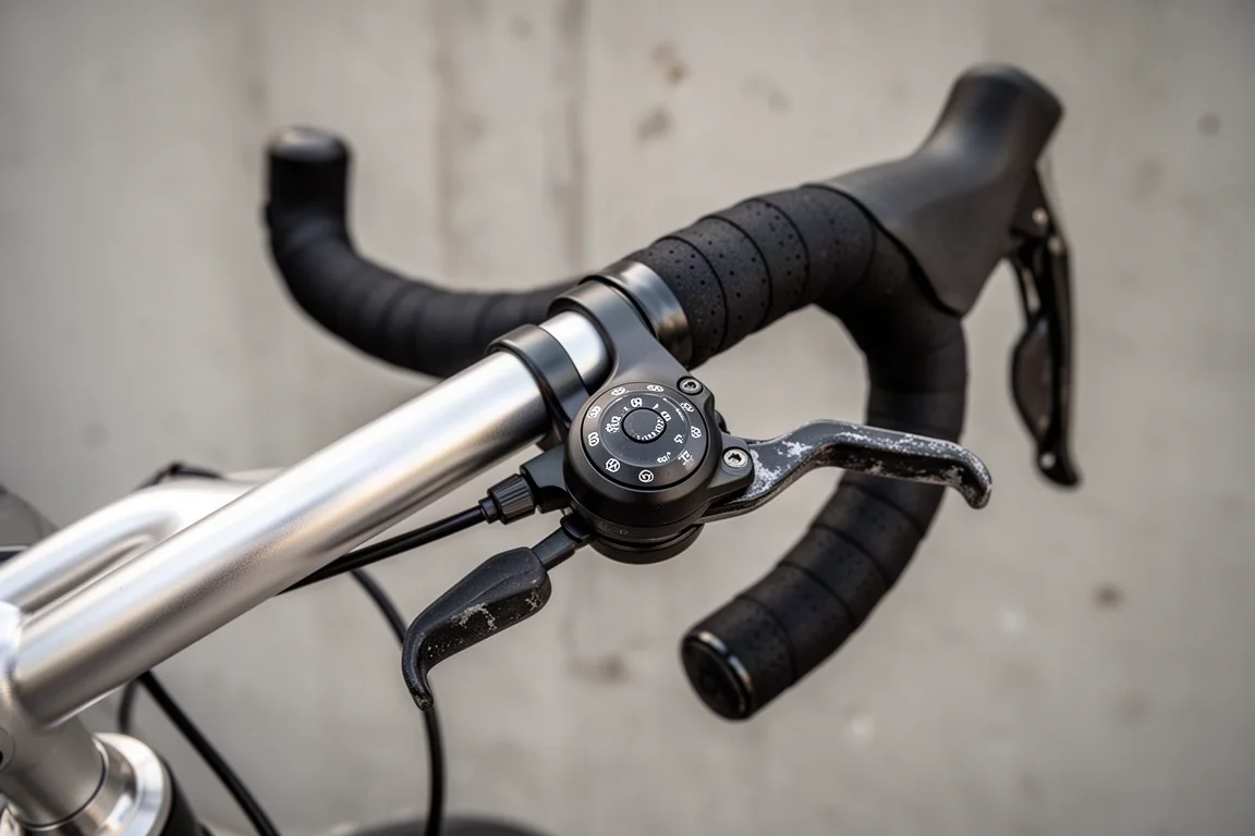 Close-up do passador de marchas de uma bike de estrada e fita de guidão com as mãos apoiadas nas manetes