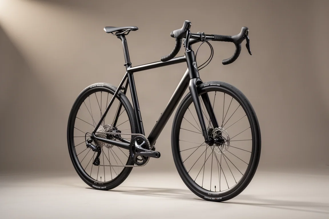 Black aluminium road bike with a carbon fork photographed on a neutral grey studio backdrop
