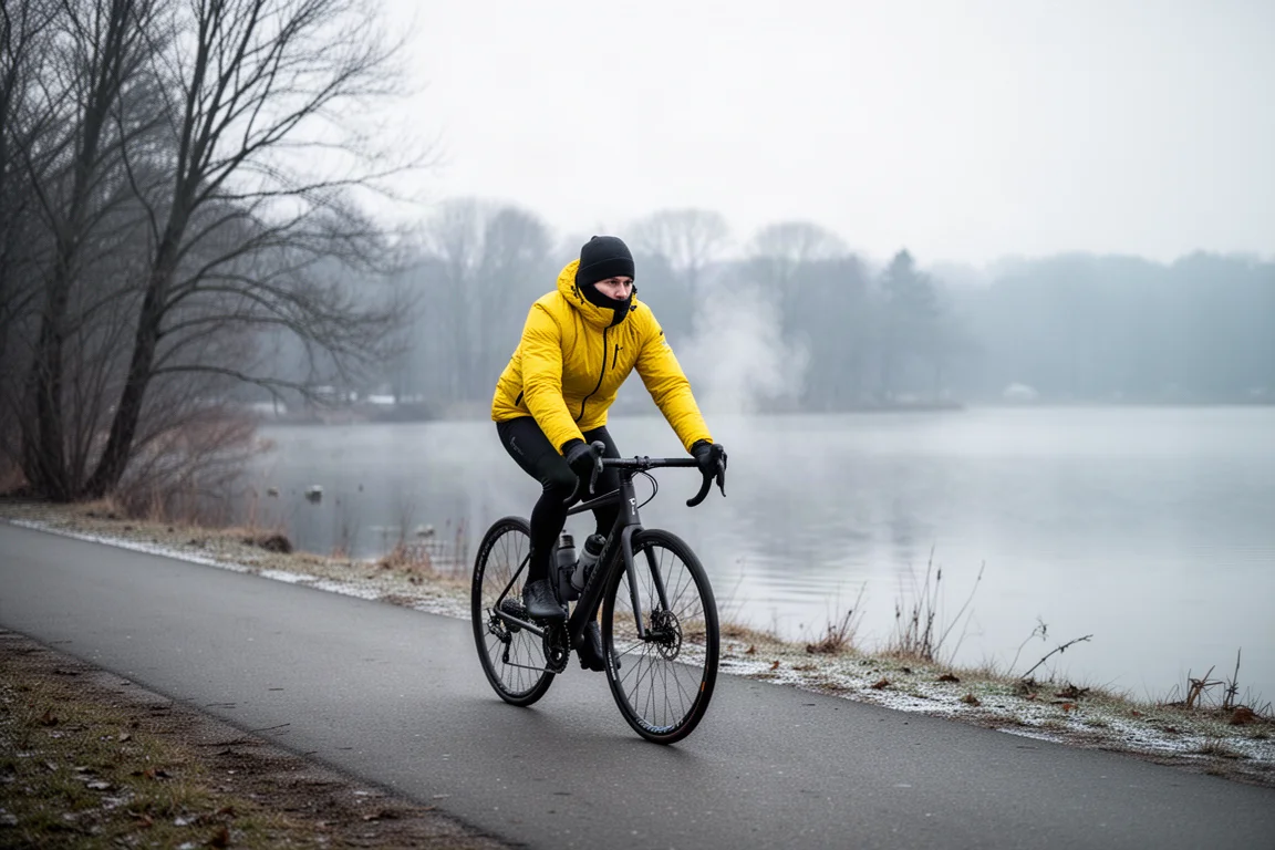 Cyklist som cyklar längs en sjöstrandväg en kall, ljus morgon