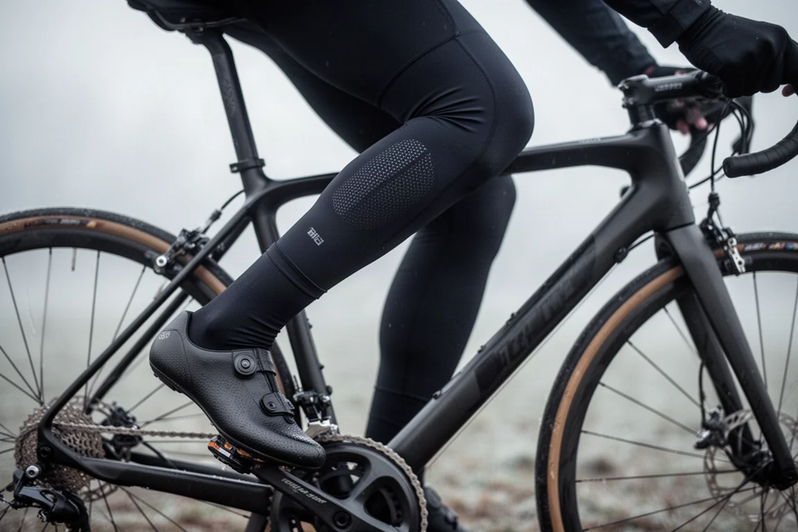 Närbild på en cyklists ben på pedalerna i svarta cykelbyxor med hakrem