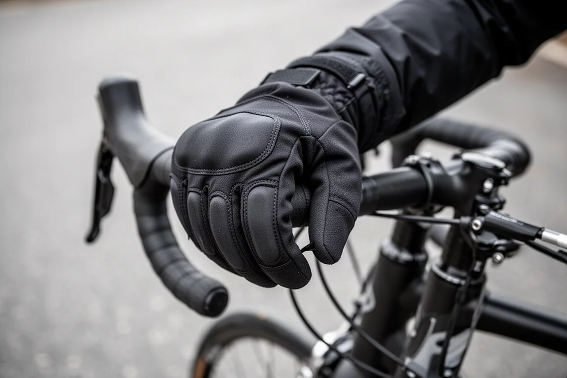 En handske vilar på ett racercykelstyre i kalla förhållanden