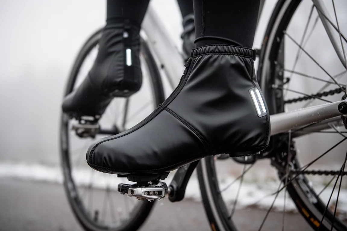 Svarta cykelskoskydd monterade över racercykelskor och pedaler