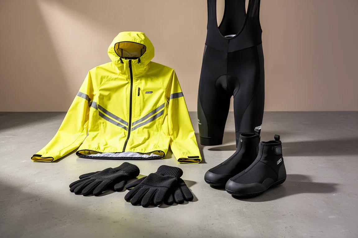 Four pieces of winter cycling apparel arranged on a concrete surface