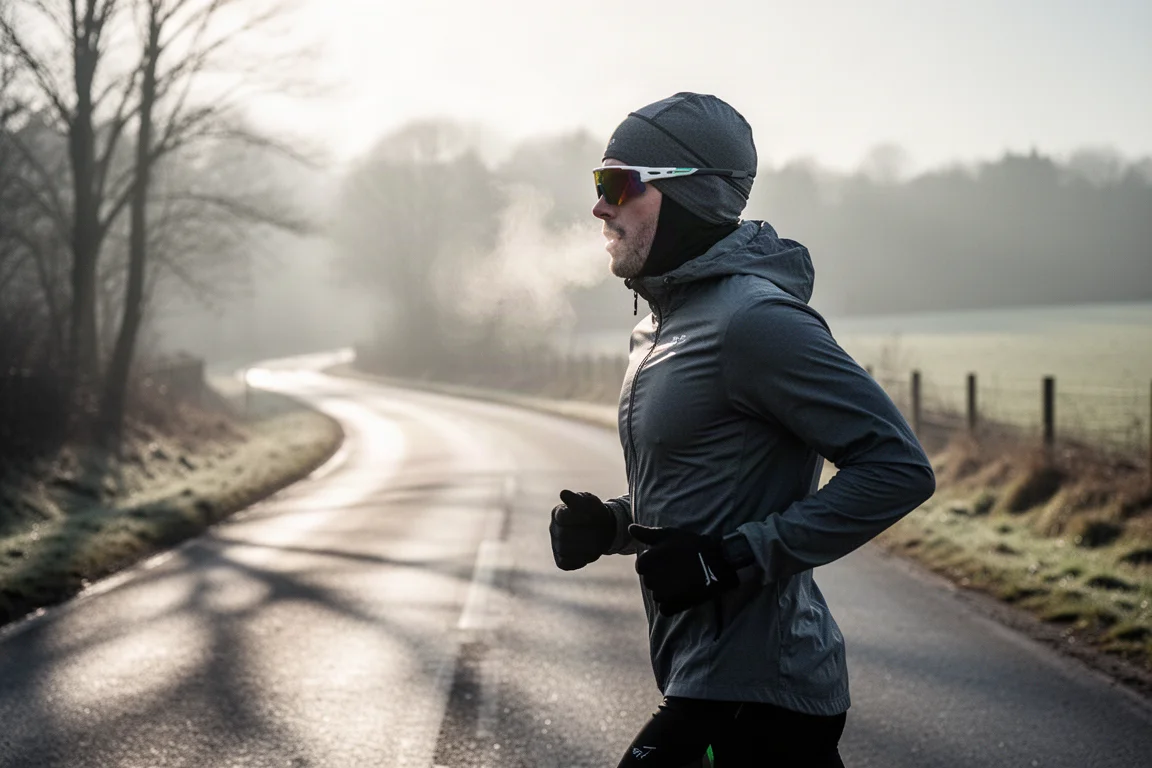 Coureur portant des lunettes de sport enveloppantes sur une route ensoleillée en hiver