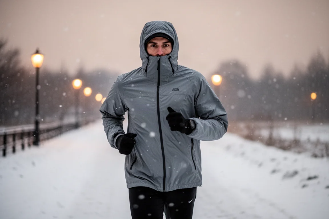 Coureur en anorak isolant sur un sentier enneigé au crépuscule