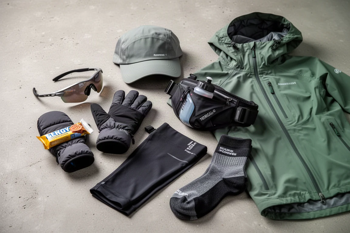 Flat-lay of running gear including sunglasses, cap, mittens, socks, tights and jacket on concrete