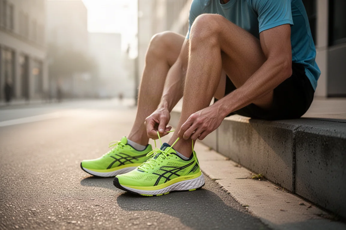 Hardloper strikt felgekleurde raceschoenen voor een vroege ochtendloop