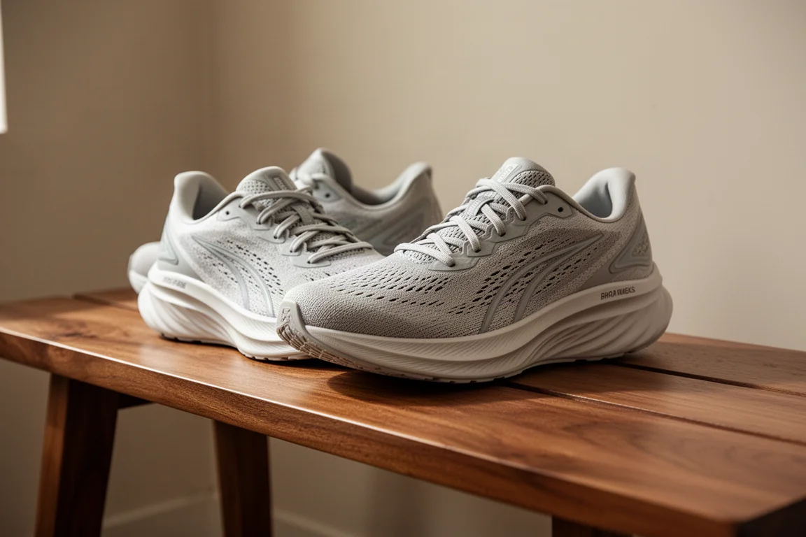 Twee hardloopschoenen in Saucony-stijl naast elkaar op een houten bankje