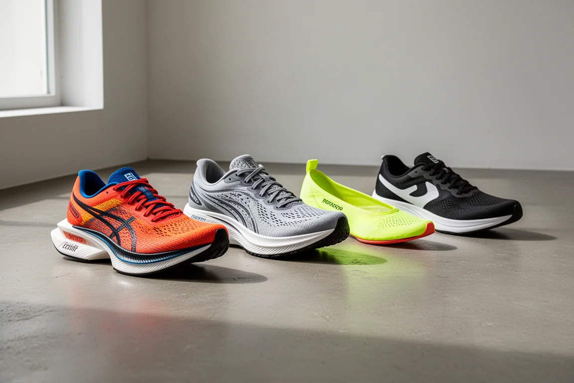 A row of discounted running shoes on a matte concrete floor