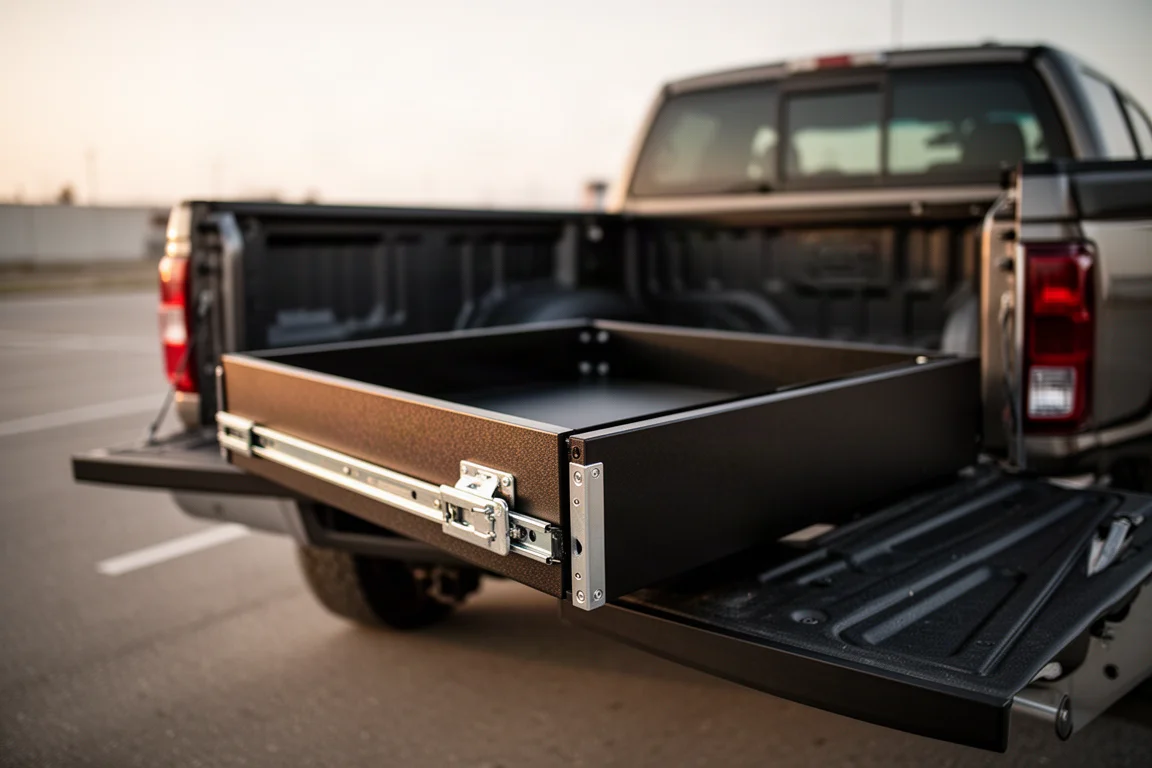 Ladesysteem geïnstalleerd in de laadbak van een pick-up met gesloten achterklep