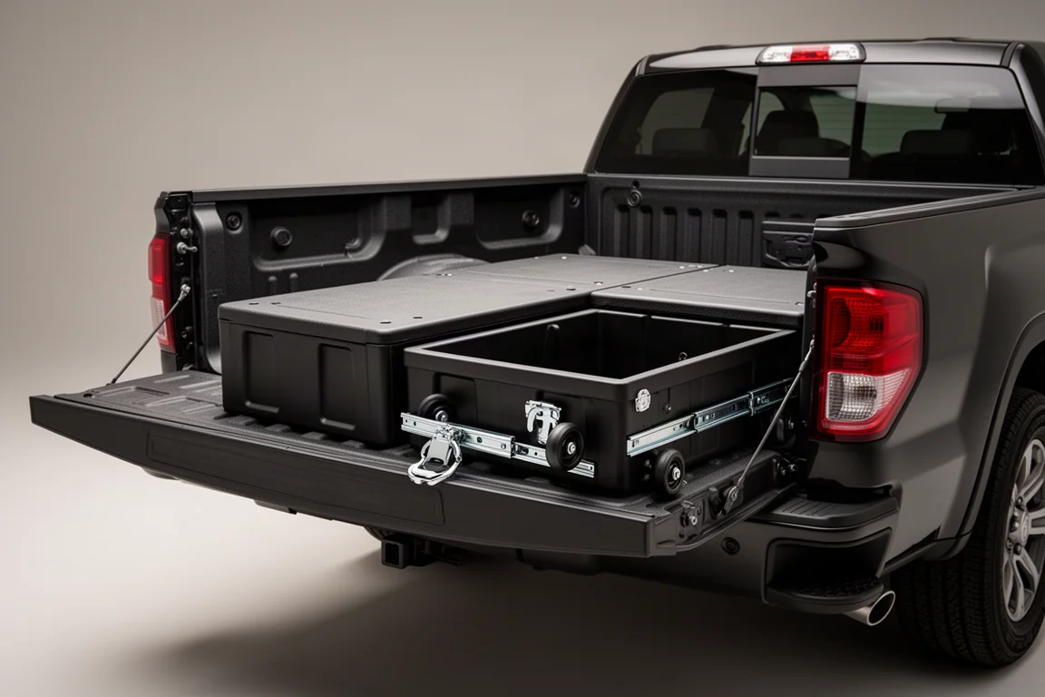 Decked Drawer System geïnstalleerd in de laadbak van een pick-up met één open lade