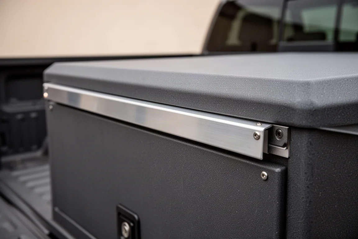 Close-up of aluminium reinforcement rail on the side of a resin truck toolbox