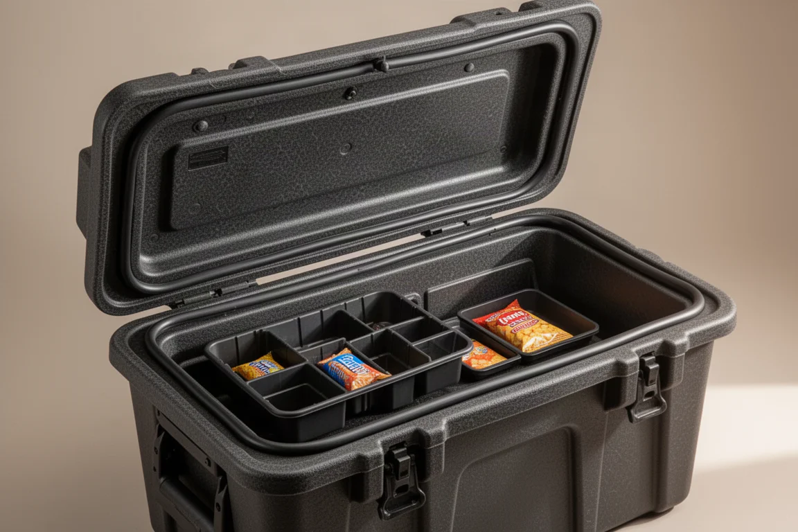 Toolbox lid open showing gasket seal and interior storage tray
