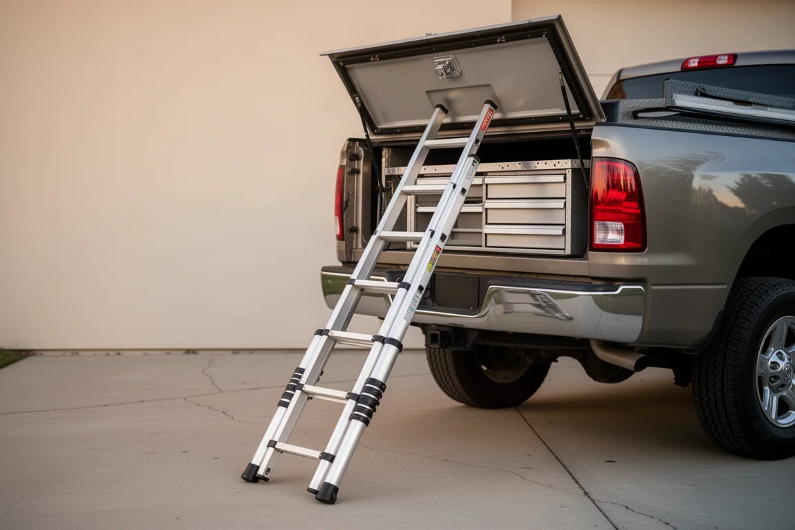 Telescoping ladder extended from a truck toolbox to the ground