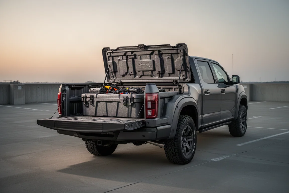 Open truck toolbox holding gear in a spacious truck bed