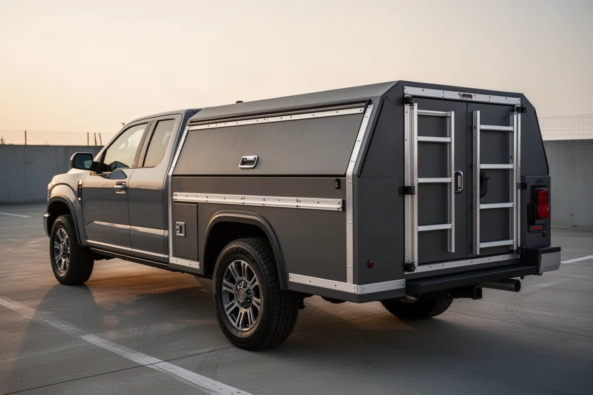 DECKED crossover truck toolbox mounted behind the cab of a full-size pickup