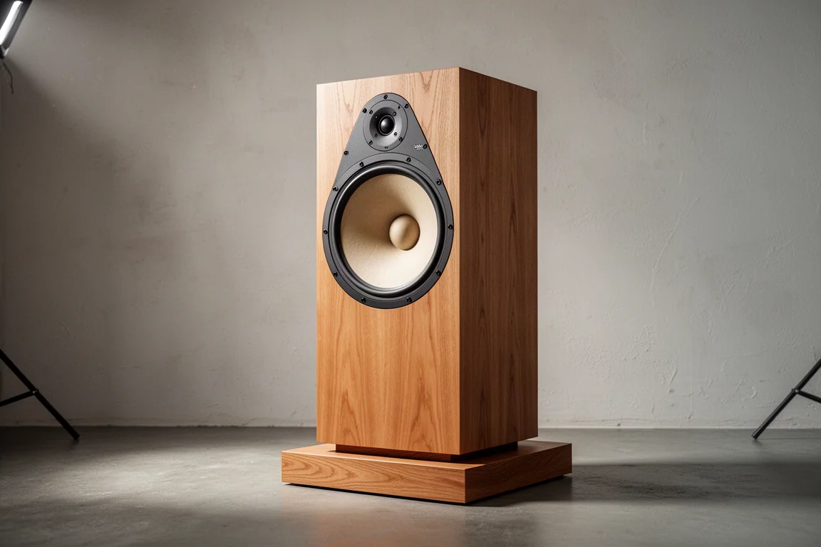 Open-baffle loudspeaker with a large driver on a solid hardwood baffle in a minimal room