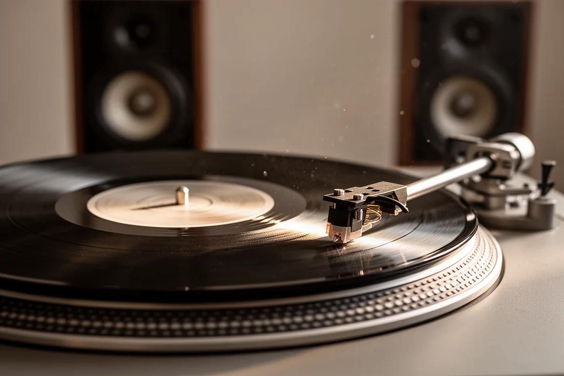 Disco in vinile che gira su un giradischi sotto una luce calda in una sala d'ascolto in penombra