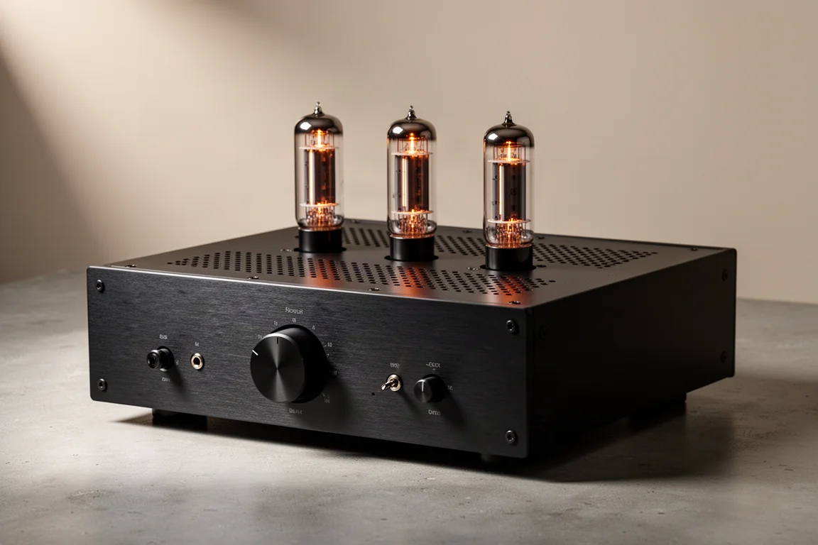Class A tube integrated amplifier with nine exposed vacuum tubes on a hardwood base