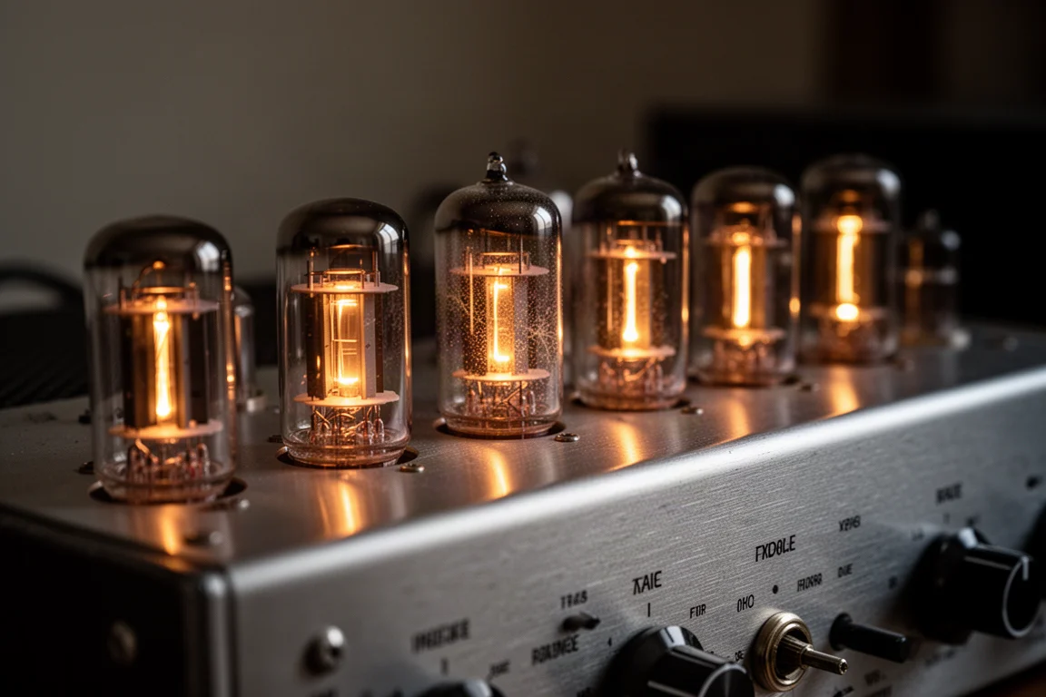 Primo piano di valvole termoioniche incandescenti su un amplificatore a valvole in una stanza in penombra