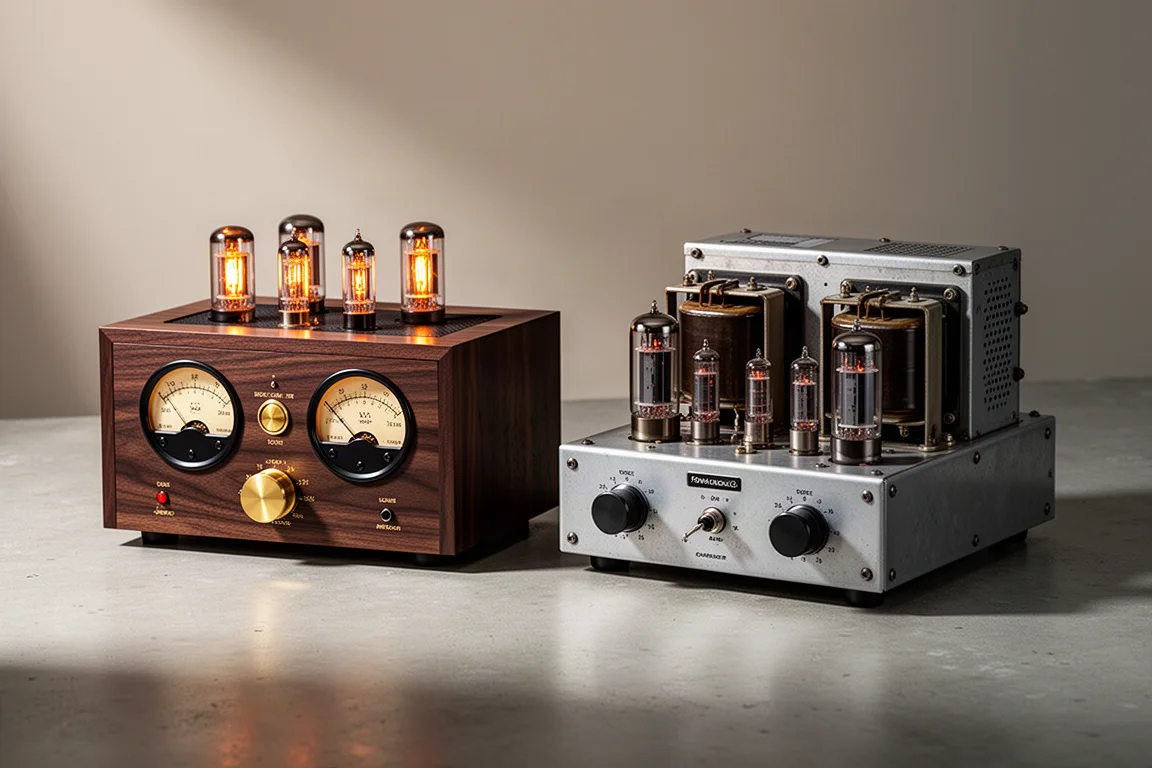 Two tube amplifiers side by side on a matte concrete surface