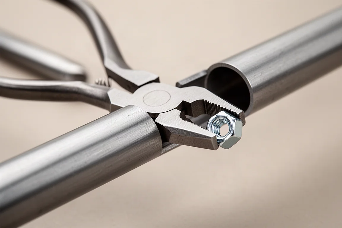 Long nose pliers reaching deep into a narrow metal tube to grip a nut