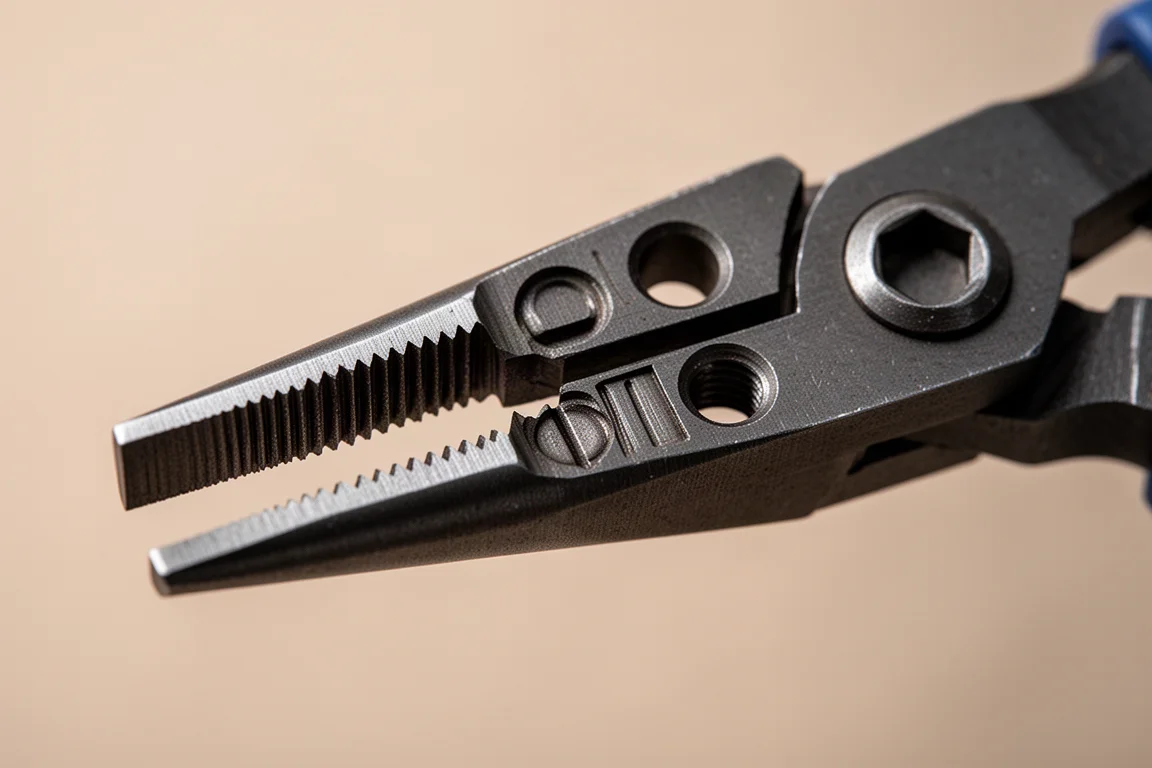 Close-up of plier jaws with varied gripping teeth, round and square stock grooves