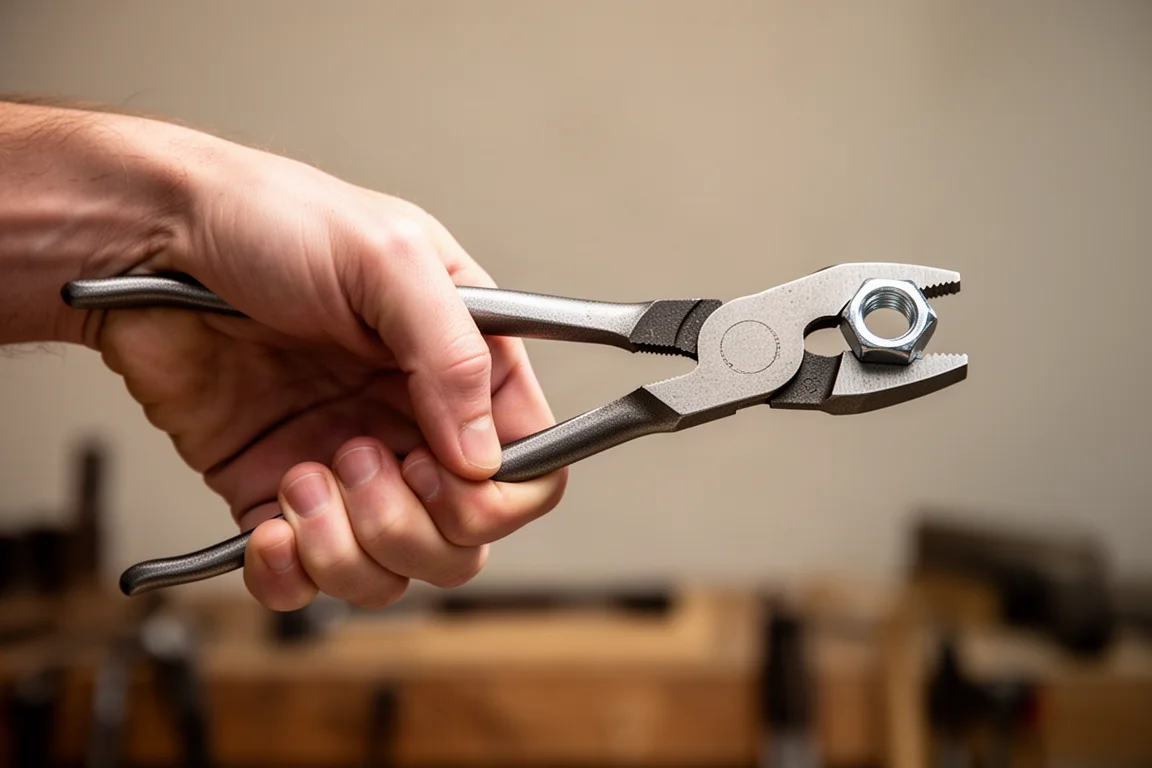 Hand choking up on long plier handles to grip a fastener at full reach
