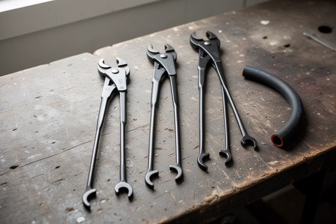 Long hose gripping pliers of three sizes arranged on a workbench