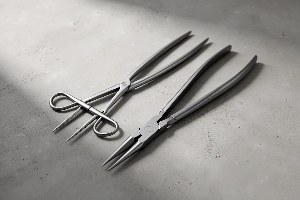 Two long nose pliers with crossed and traditional handle designs on a concrete surface