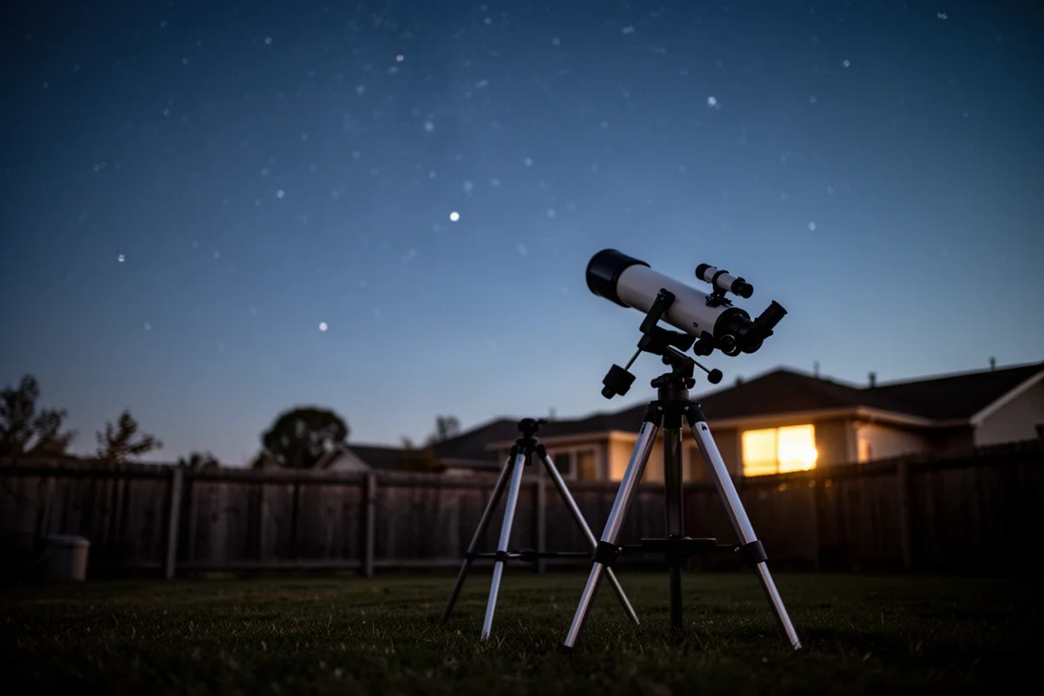 Backyard telescope aimed at a starry sky after dusk