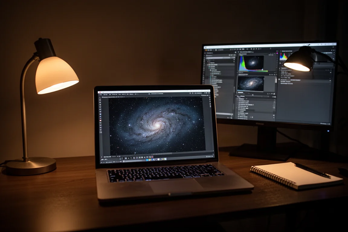 Laptop screen reviewing stacked deep sky images indoors