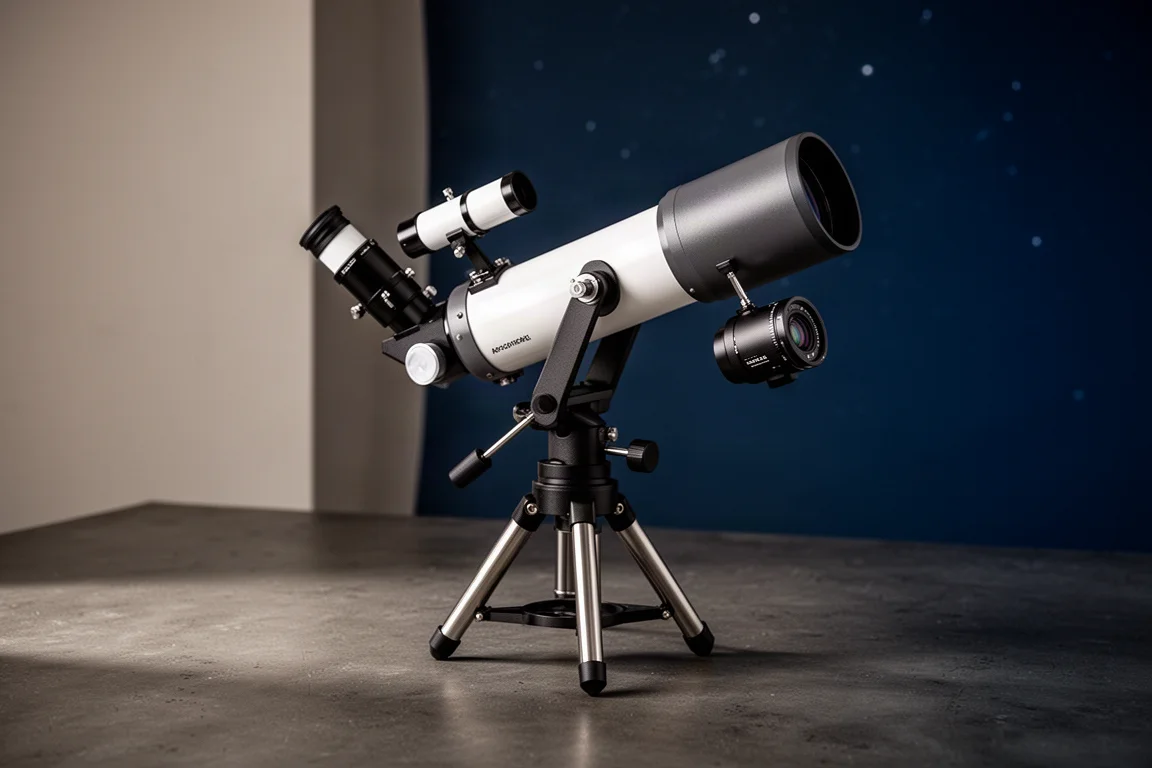 Compact apochromatic refractor telescope on a tracking mount against a dark backdrop