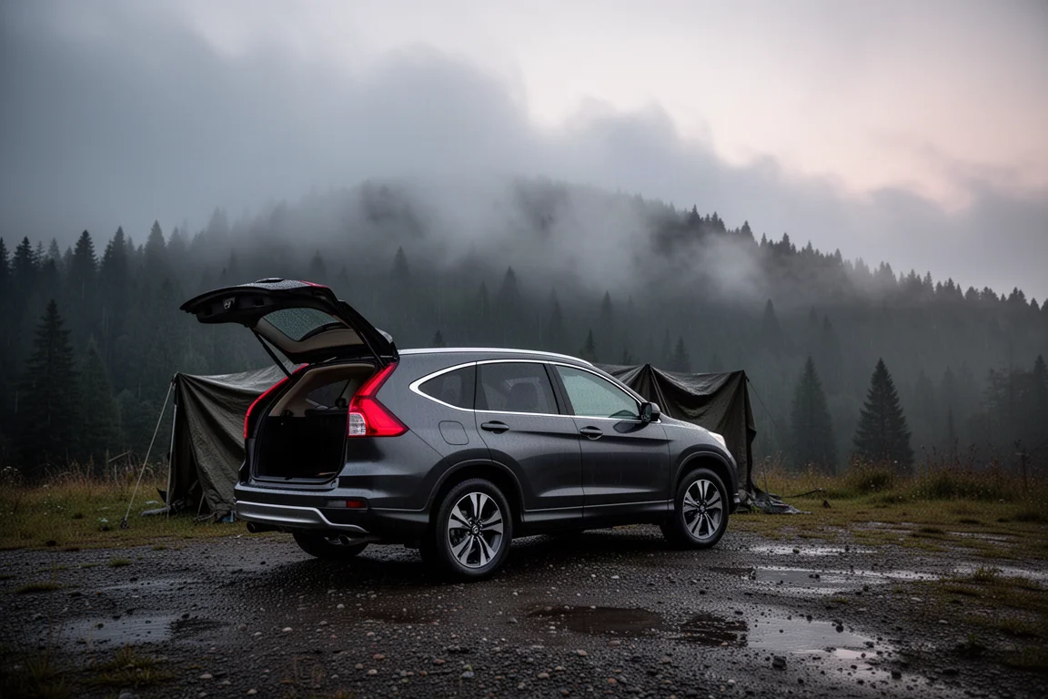 Mörkgrå SUV med öppen baklucka på en dimmig bergsglänta i skymningen