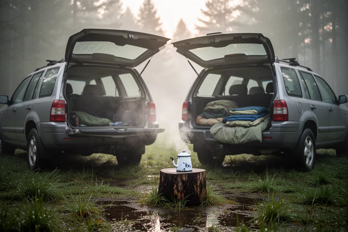 Morgonens campingplats bredvid en SUV med kaffekanna på en stubbe och låg dimma