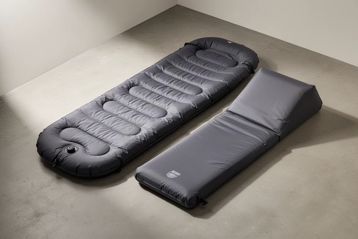 Two-piece inflatable vehicle sleeping pad and leveling mat on a concrete surface