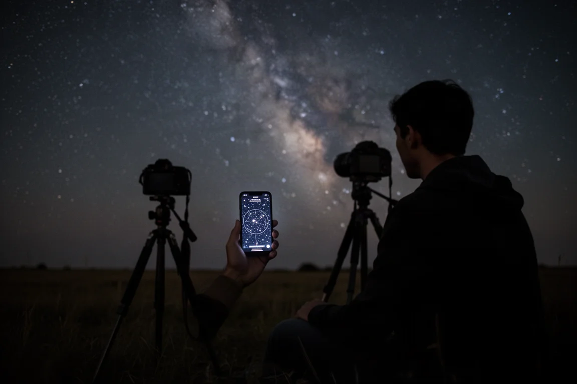 觀星者在星空下手持手機規劃夜空拍攝行程