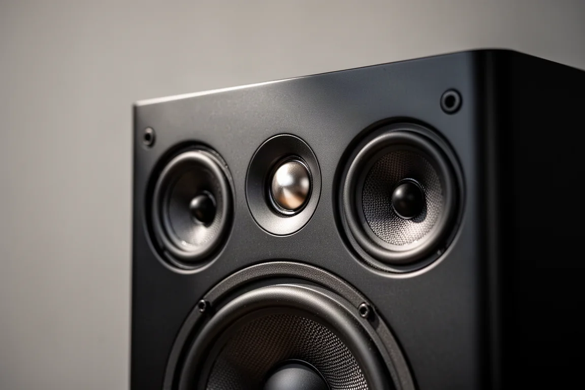 Gros plan sur le baffle d'une enceinte colonne montrant un tweeter à dôme entre deux petits haut-parleurs medium