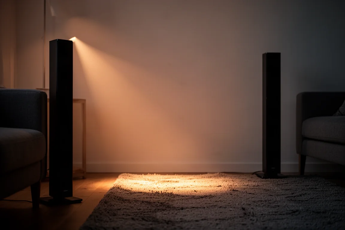 Salon faiblement éclairé avec une fine enceinte colonne se détachant sur une lumière chaude du soir