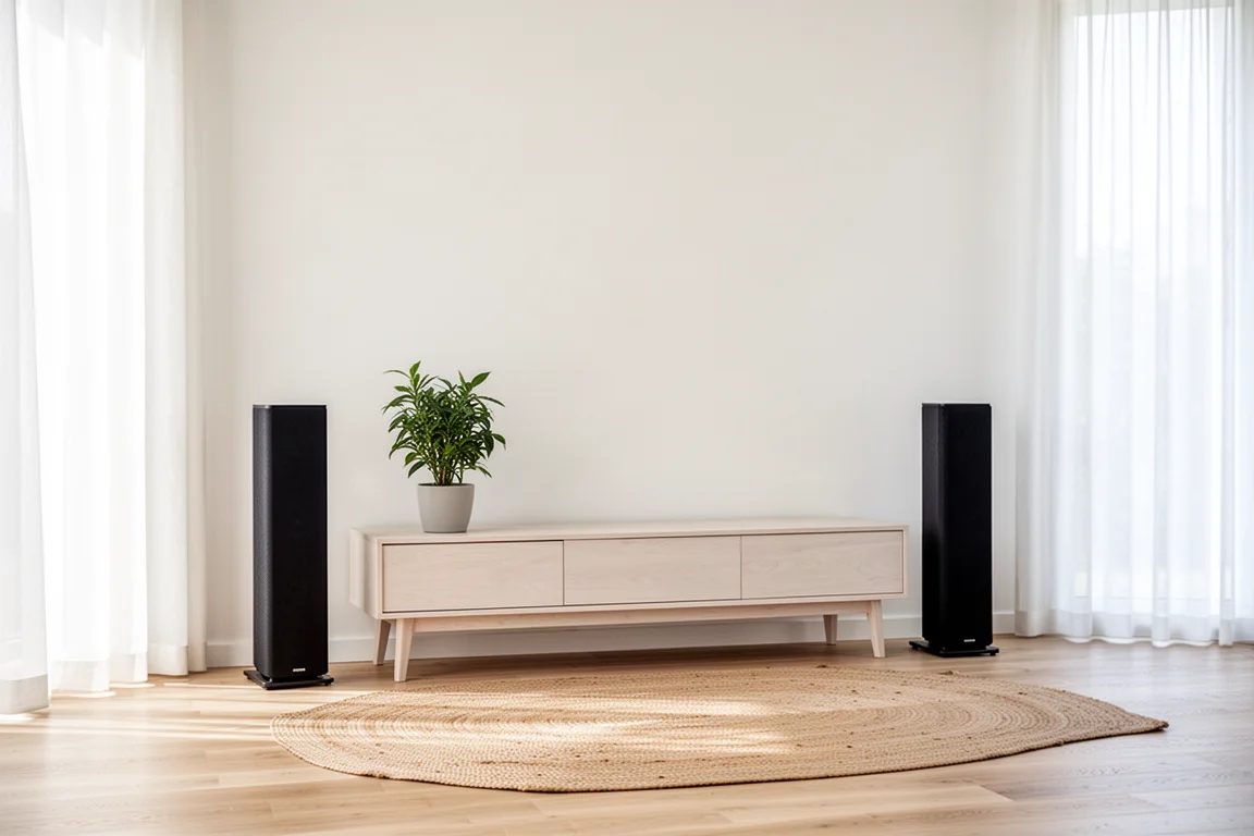 Paire de fines enceintes colonnes dans une pièce minimaliste lumineuse avec parquet et une plante