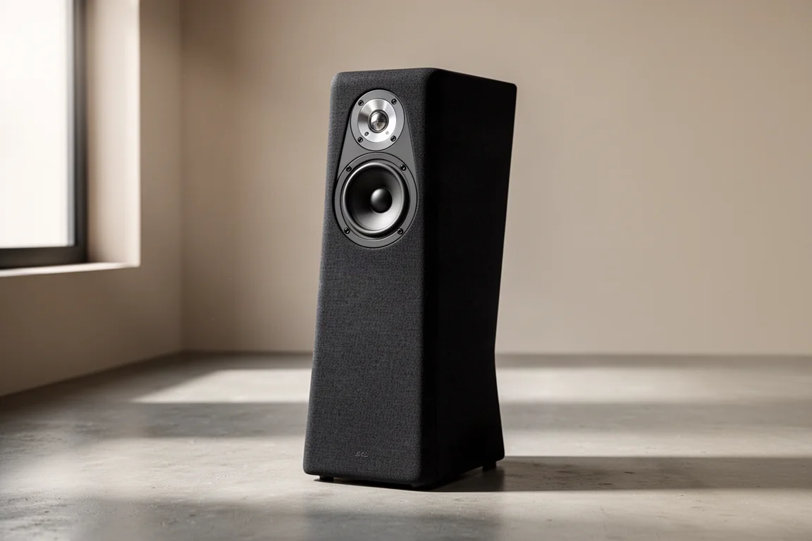 Slim black fabric-wrapped tower speaker on a matte concrete floor in soft light