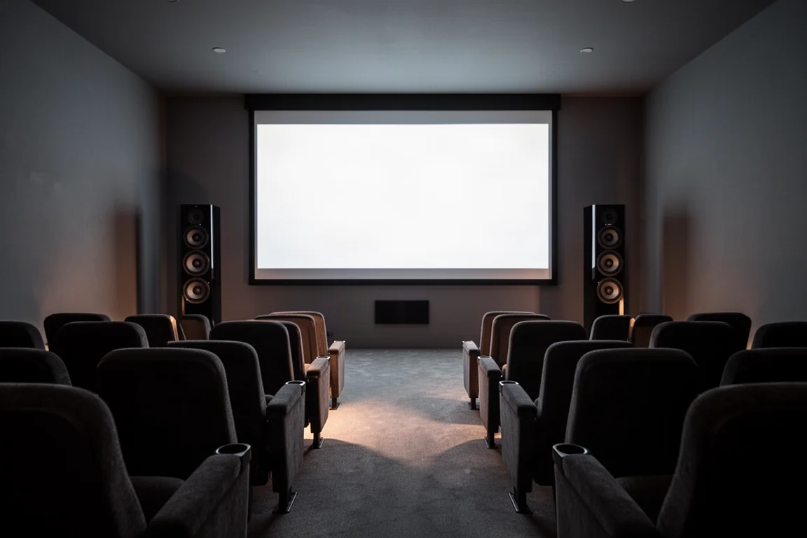 Sala de cine en casa con poca luz y dos altavoces de torre altos flanqueando una gran pantalla de proyección