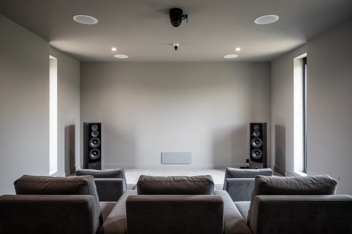 Vista amplia de un cine en casa con altavoces de suelo y altavoces de techo integrados
