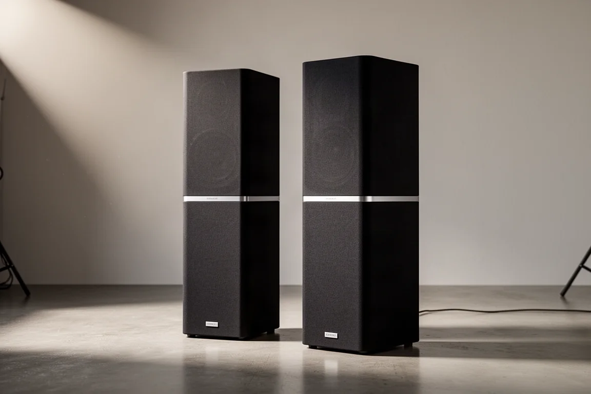Pair of black fabric-wrapped tower speakers with silver divider bands on a concrete floor