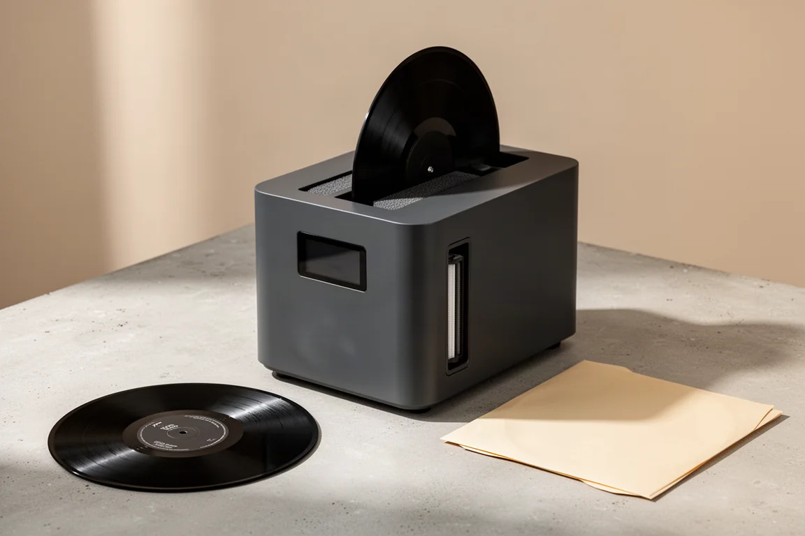 Compact tabletop record cleaning machine with a vinyl record on a pale concrete surface