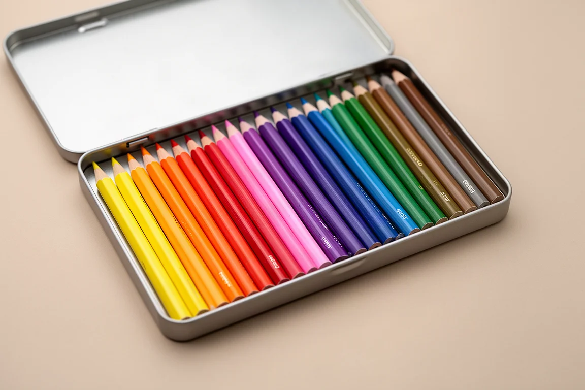 Conjunto aberto de lápis de cor abertos em leque mostrando uma faixa completa de cores