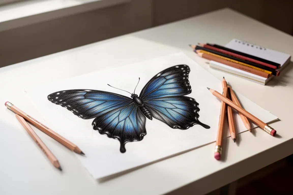 Obra finalizada de lápis de cor de uma borboleta em papel branco ao lado dos lápis