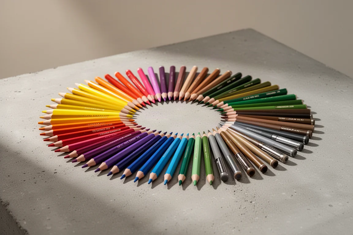 Open 72-color colored pencil set fanned out in a full color gradient on concrete